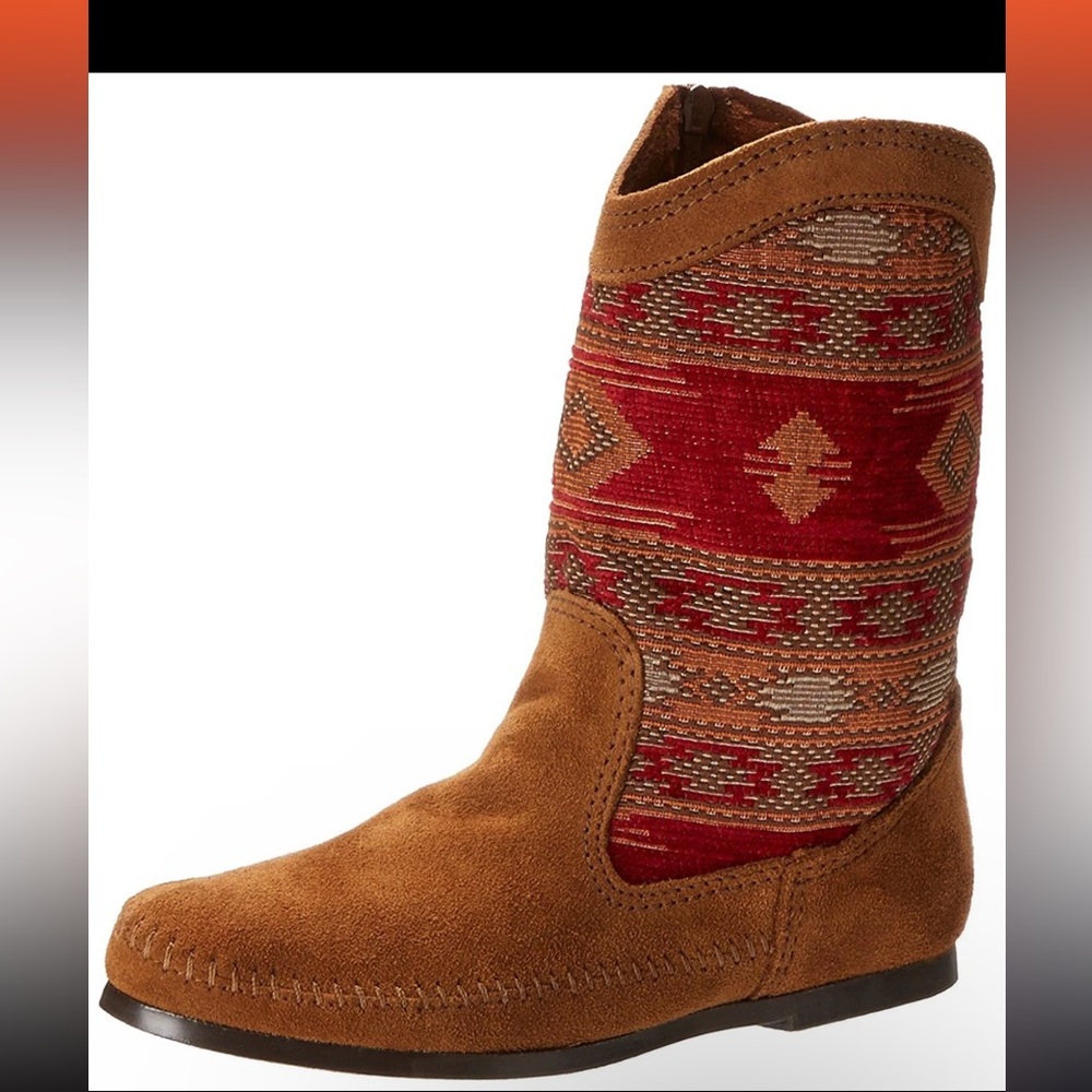 Minnetonka 1573 Women's Brown Suede Tapestry Zip Baja Western Moccasin Sz 5